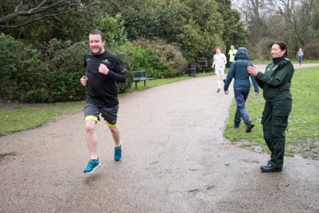 Tracy Castle, Community Resuscitation Officer, cheers Neil on during his run as he raises money for life-saving equipment