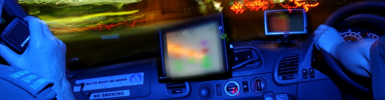 An ambulance cab at night