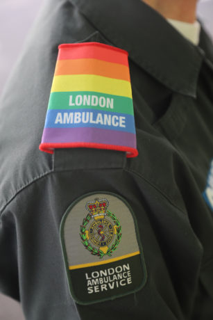 A epaulette on uniform in the LGBT rainbow colours