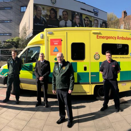 Paramedic Ralph Chadkirk, LFB Commissioner Andy Roe, LAS Chief Executive Garrett Emmerson and firefighter Dominic Pierce