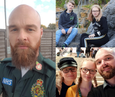 A image collage showing John in his Service uniform, his two children sat on some rocks and a photo of John, his wife and daughter smiling to the camera