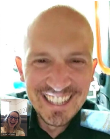 A screenshot from a video call between Tom and Annie. Tom is shown in his Service uniform