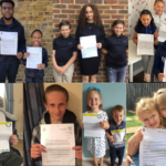 A collage of children holding up their thank you letters