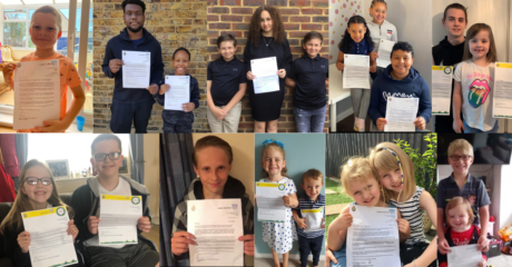 A collage of children holding up their thank you letters