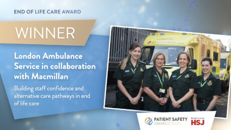 Graphic displaying end of life care team as winners of their award category including a photo of the four members of the team together in front of an ambulance
