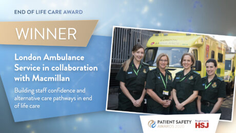 Graphic displaying end of life care team as winners of their award category including a photo of the four members of the team together in front of an ambulance