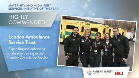 Graphic displaying Maternity team as Highly commended in their award category with a photo of the team in front of row of ambulances