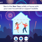 A graphic which shows two people dancing indoors with the message see in the New Year safely t home with your own household or support bubble