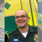 Photo of Dr Martin in uniform overlaid on an image of an ambulance