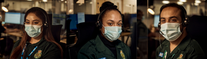 compilation image showing three call handlers wearing headsets at their workstations