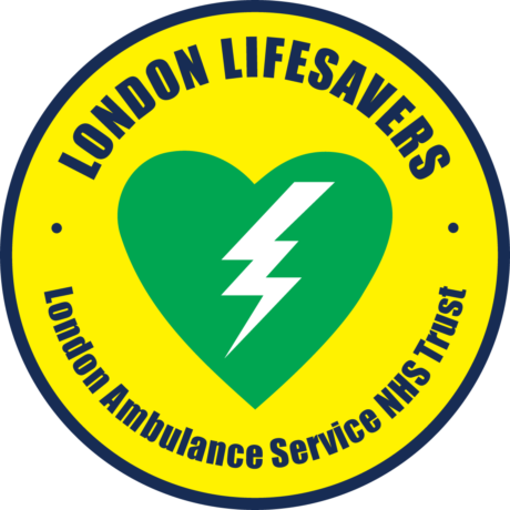 The London Lifesavers Logo which is a green heart with a shock symbol in the middle surrounded by the words London Lifesavers and the LAS