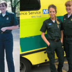 Collage image showing a very young Millie in her mum's ambulance jacket stood next to her mum in front of ambulance alongside a new image of Millie and Tina in uniform next to ambulance