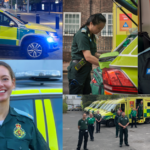 Compilation image of volunteers in uniform with ambulance cars