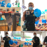 A compilation image of various LAS medics in uniform holding NHS Big Tea balloons and mugs in front of a tea party stall with treats and bunting