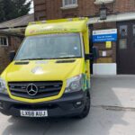 Ambulance parked on forecourt of Bounds Green ambulance station