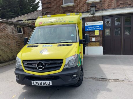 Ambulance parked on forecourt of Bounds Green ambulance station