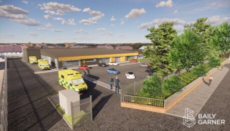 An artist's impression of an Ambulance Deployment Centre shows medics walking to an ambulance in front of the Hub building