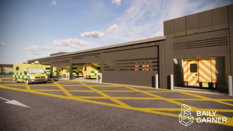 An artist's impression of an Ambulance Deployment Centre shows ambulances behind building shutters and parked outside