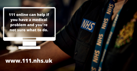 An infographic with a background image of a call handler in LAS uniform and an NHS lanyard. Foreground text in a computer icon shaped text box reads: 111 can help if you have a medical problem and you're not sure what to do. The text also includes the website link www.111.nhs.uk