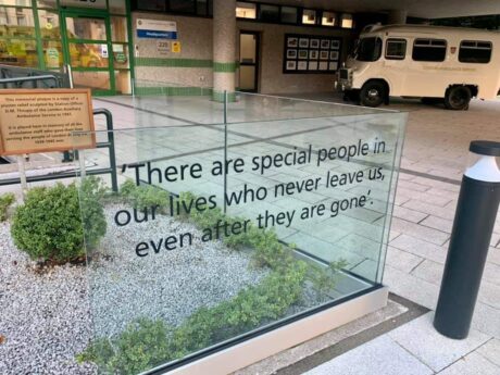 A plaque in the memorial garden which reads “There are special people in our lives who never leave us, even after they are gone.”