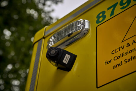 A CCTV camera on the side of an ambulance
