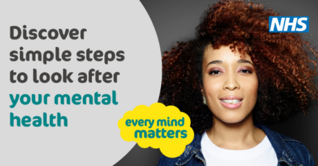 An Every Mind Matters asset showing a young woman smiling and the text Discover simple steps to look after your mental health