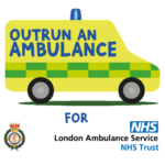 Campaign logo showing a drawing of an ambulance with the words Outrun an ambulance for London Ambulance Service