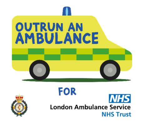Campaign logo showing a drawing of an ambulance with the words Outrun an ambulance for London Ambulance Service