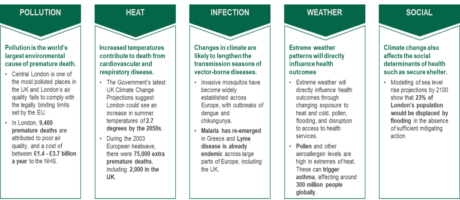 The diagram below identifies the health impact of climate change. Pollution, increasing temperatures, infection, extreme weather are all having an adverse impact on health and social determinants in London and the UK. 