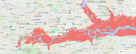 A map shows areas of London forecasted to be at high risk of flooding by 2030 from Climate Central, marked in red. Climate change is impacting on rising sea levels and increases the risk of flooding in London, putting many areas of London at risk and affecting millions of Londoners. West London: By 2030, most of east Twickenham, Chiswick, Hammersmith and Fulham area covered in red, as well as Westfield (White City) and much of Kews Royal Botanic Gardens. East London: With much of East London lying on low ground, almost the entire area could find itself prone to flooding with sea-level rises. South London: A lot of land south of the river is low and flat. From Battersea to Deptford, Southwark to Peckham, there might not be much more than open water. North London: Particularly around the River Lee, Hackney Marshes and Walthamstow reservoirs, the map shows red creeping up the banks and submerging parts of Tottenham and Lee Valley. 