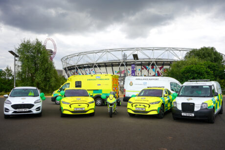 The 7 new green vehicles in formation in the Olympic park.