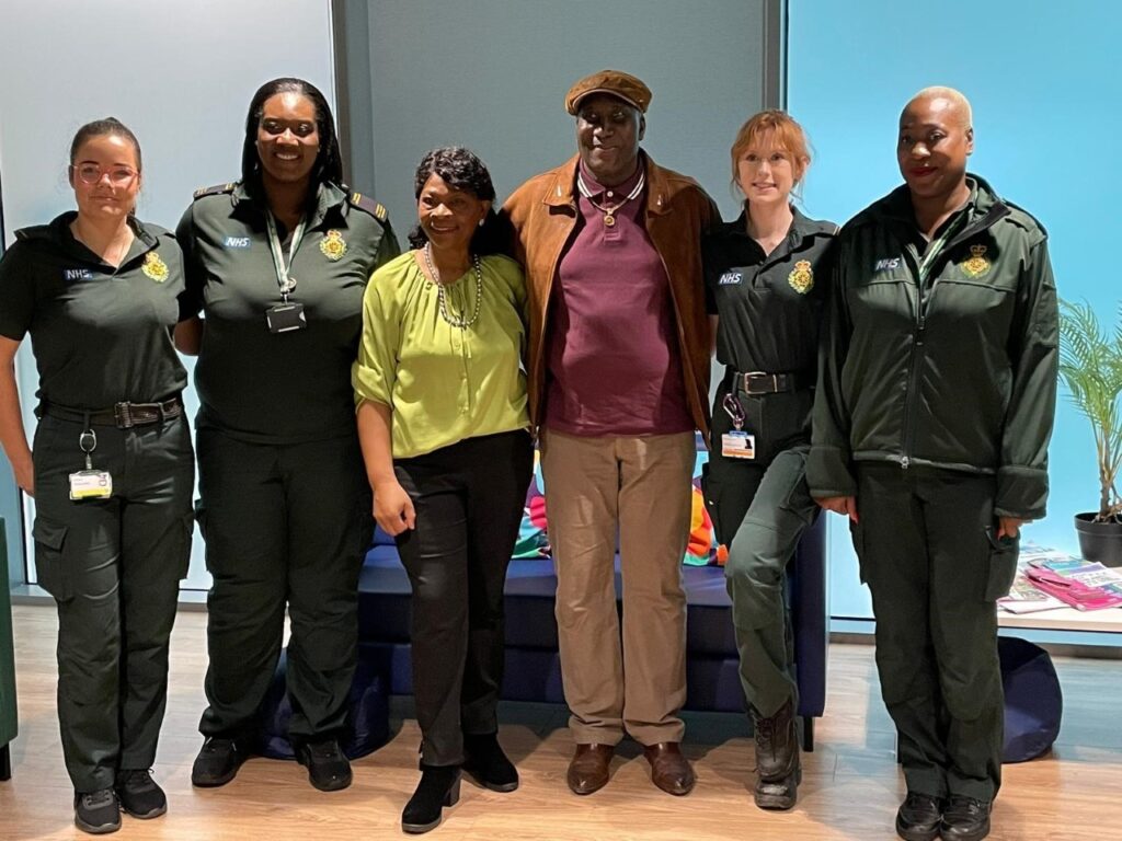 A picture of Paramedic Abi, call handler supervisor and daughter Estelle, wife Denise, Eddie, paramedic Bethany, call handler Kamara.
