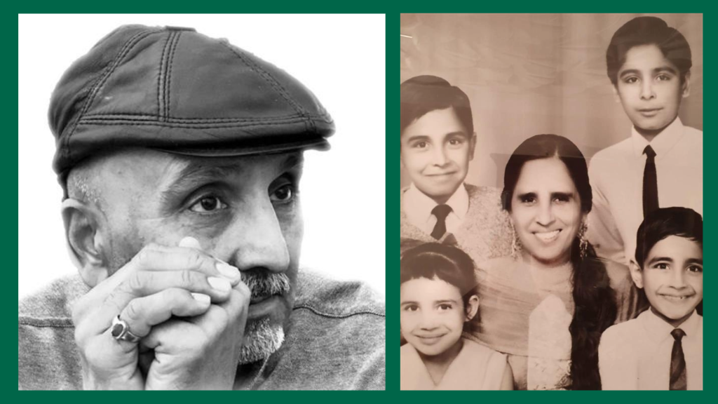 A two-sided image - on the left-hand side, a picture of Perminder Dhesi, and on the right-hand side, a picture of Ron, Perminder and his siblings as children, with their mum. 