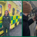 A split image: the picture on the left side shows Charlotte in front of an ambulance in her paramedic uniform; the right hand image shows Charlotte being interviewed