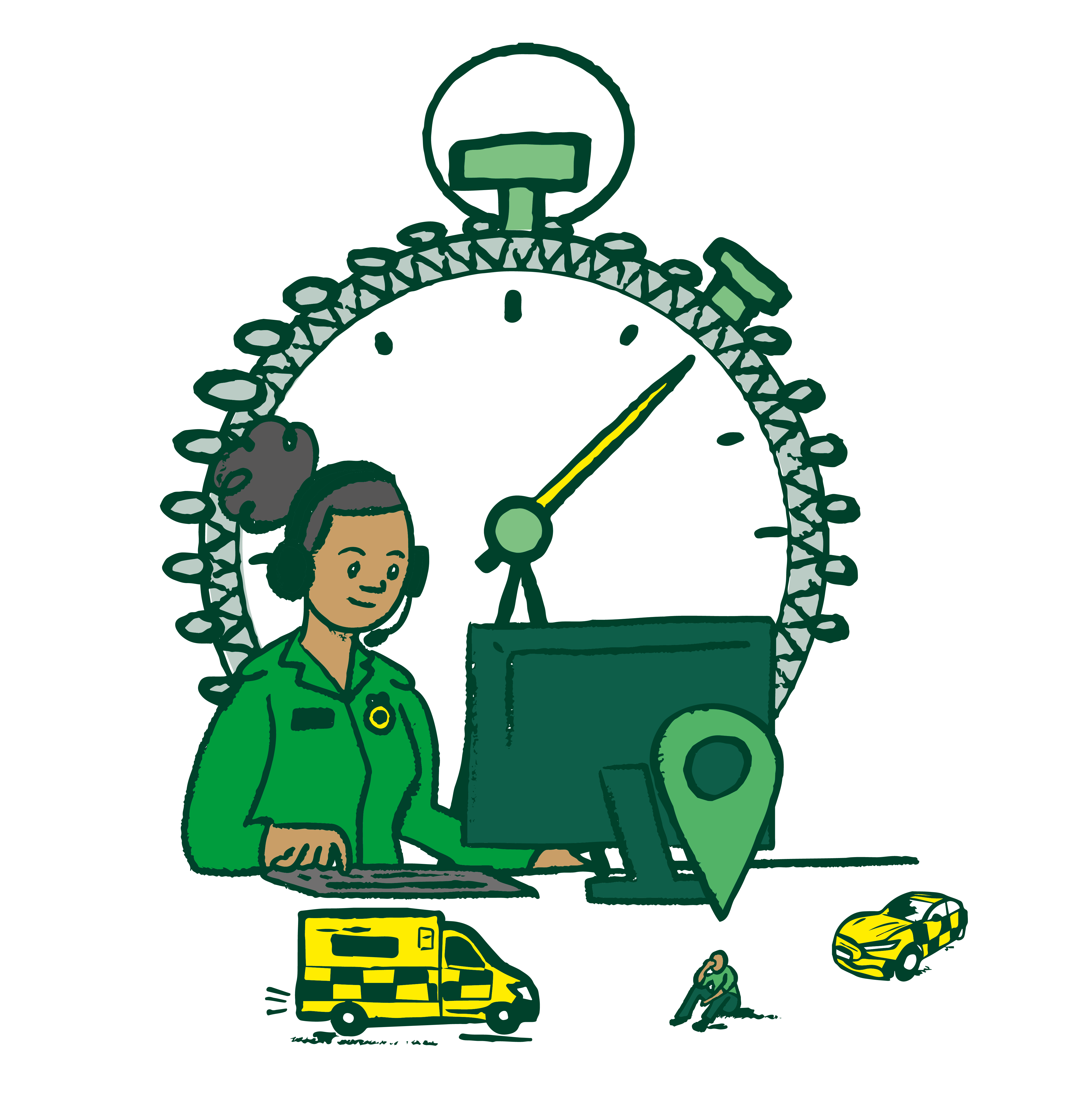 A illustrated image of a emergency call handler, with smaller images of an ambulance, a fast response car and a timer in the background.
