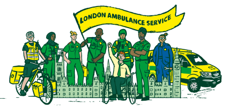 An illustrated graphic of London Ambulance staff from across our Service, with a raised London Ambulance Service banner. 