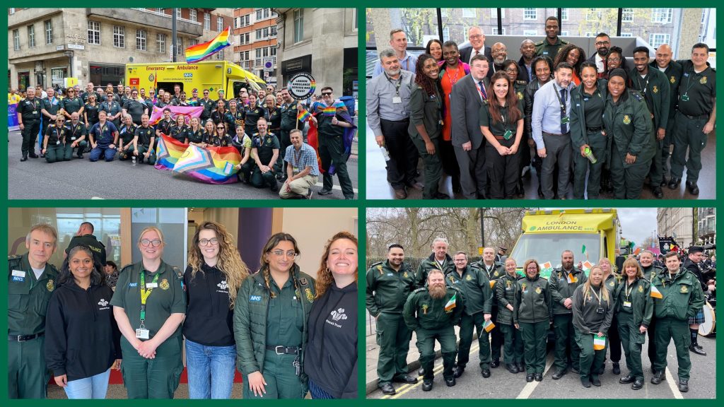A collage of four different images with group photos from the following networks: LGBT+ Network (top left); BME Network (top right); Women's Network (bottom left); Emerald Society (bottom right) 