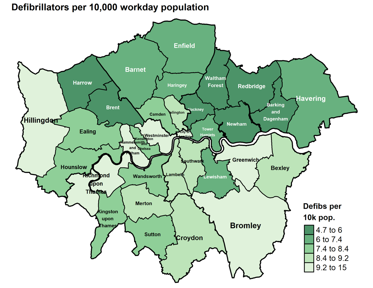 A map comparing the availability of defibrillators in different London boroughs.