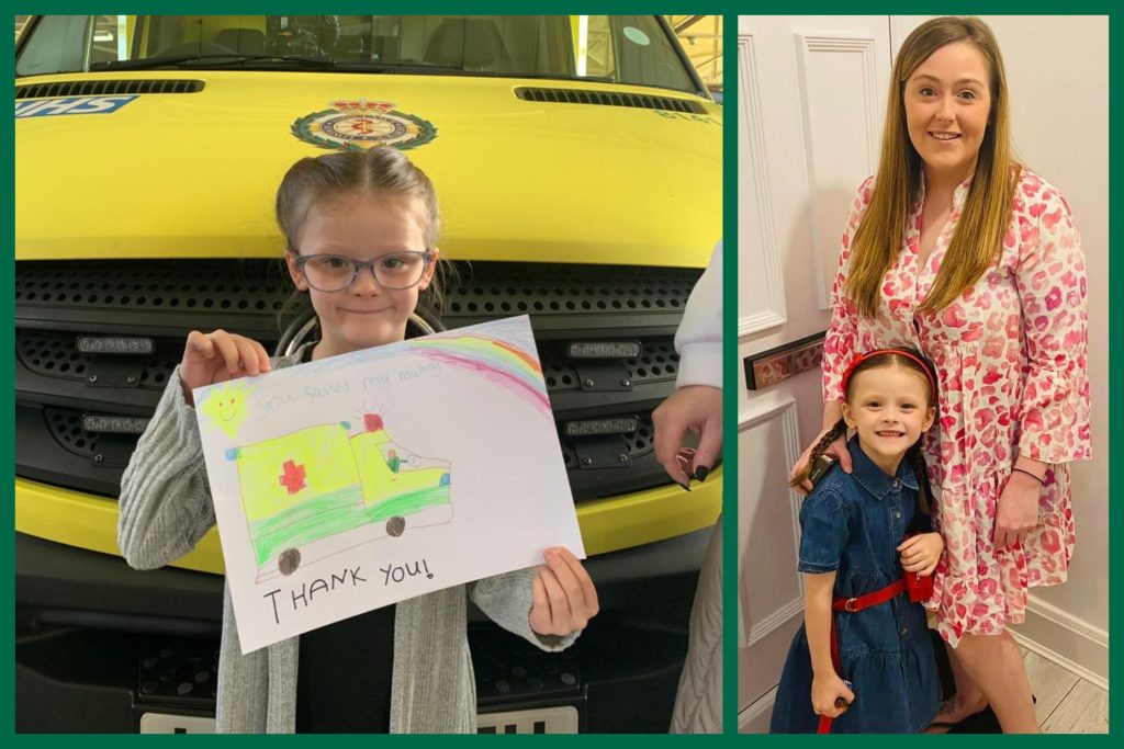 Split image: Cali Maii holds up a thank you card for #TeamLAS, and second image shows her with mum Lauren