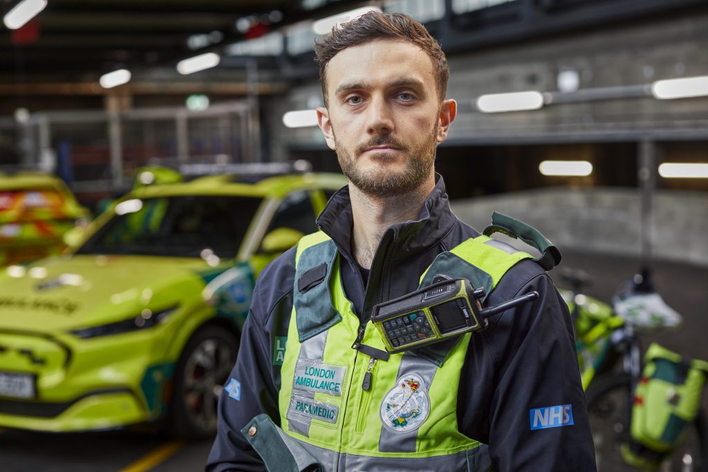 A picture of Marek in his London Ambulance paramedic uniform at Waterloo Ambulance Station. 