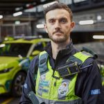 A picture of Marek in his London Ambulance paramedic uniform at Waterloo Ambulance Station.