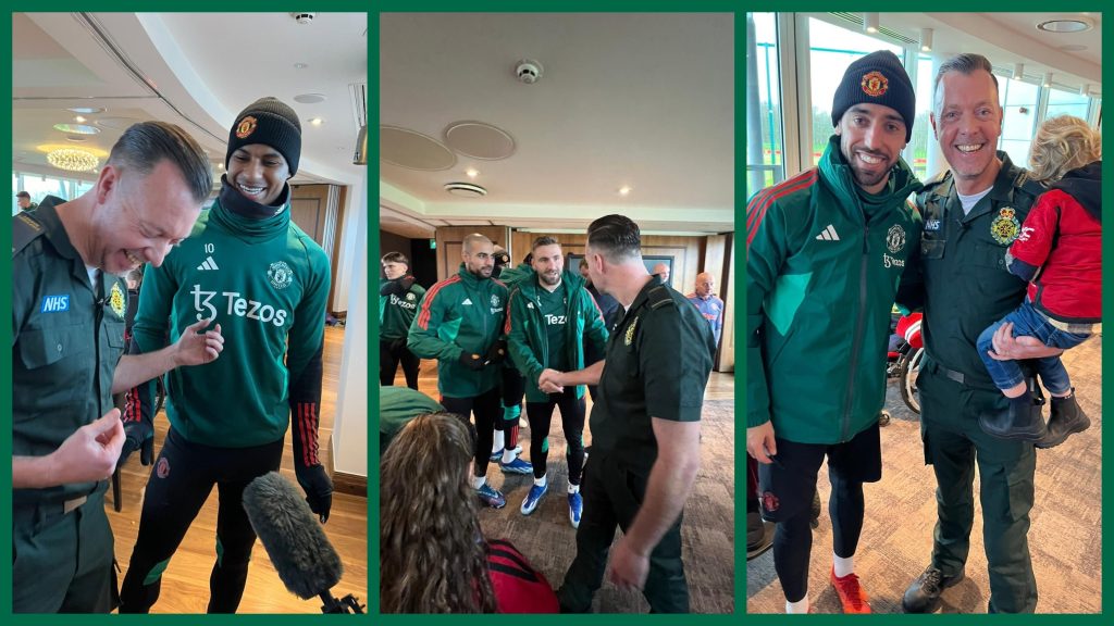 A split picture with images of Nigel Flanagan meeting his Manchester United heroes. Left to right: Marcus Rashford, Sofyan Ambrabat, Luke Shaw and Bruno Fernandes. 