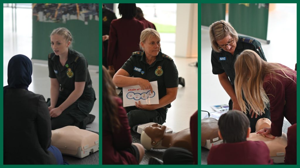 A split image, with three photos of London Lifesavers Community Resuscitation Trainers teaching CPR skills to school pupils.  