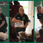 A split image, with three photos of London Lifesavers Community Resuscitation Trainers teaching CPR skills to school pupils.