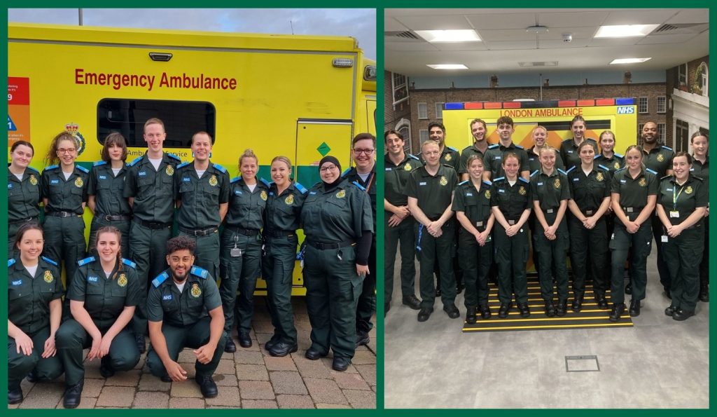 Two images showing groups of Assistance Ambulance Practitioners (Apprentice) at their passing out parades.