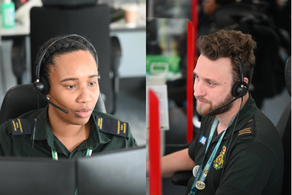 Image shows two control room staff taking calls.