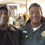 Image shows Eddie and Estelle in her LAS uniform at a Defibrillator campaign launch event in a tube station.