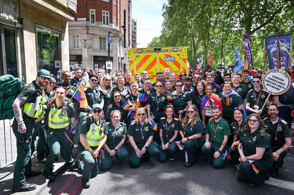 Paramedics with the London Ambulance Service attending the Pride in London parade in June 2024