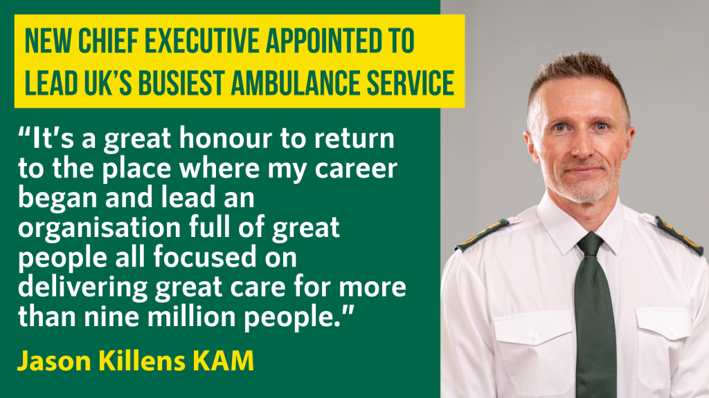 An image of Jason Killens with a quote: "It’s a great honour to return to the place where my career began and lead an organisation full of great people all focused on delivering great care for more than nine million people.”