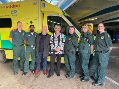 Ken Neville is reunited with the London Ambulance Service paramedics who saved him